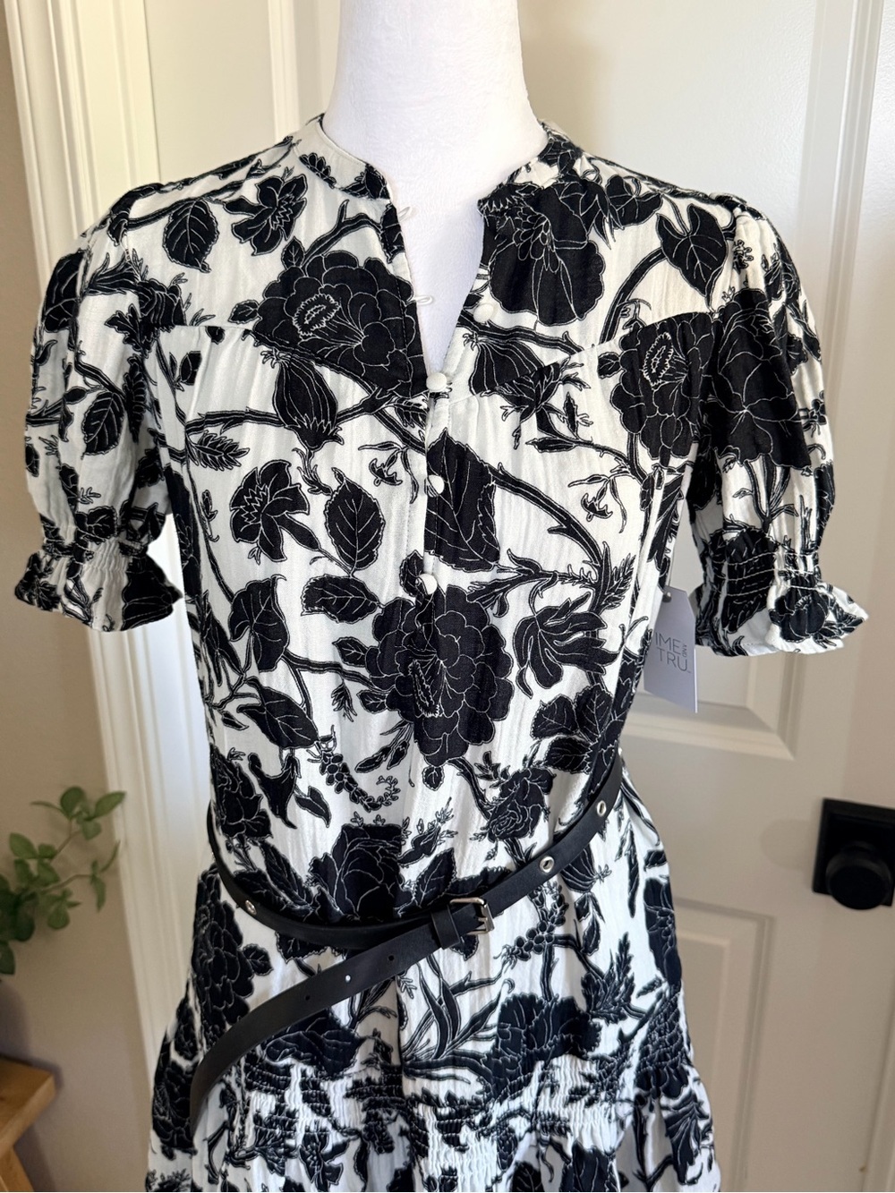 Floral Black Beige Low Waist Cotton Gauze Feel Summer Dress Size XS 0 2 TM - Picture 4 of 12